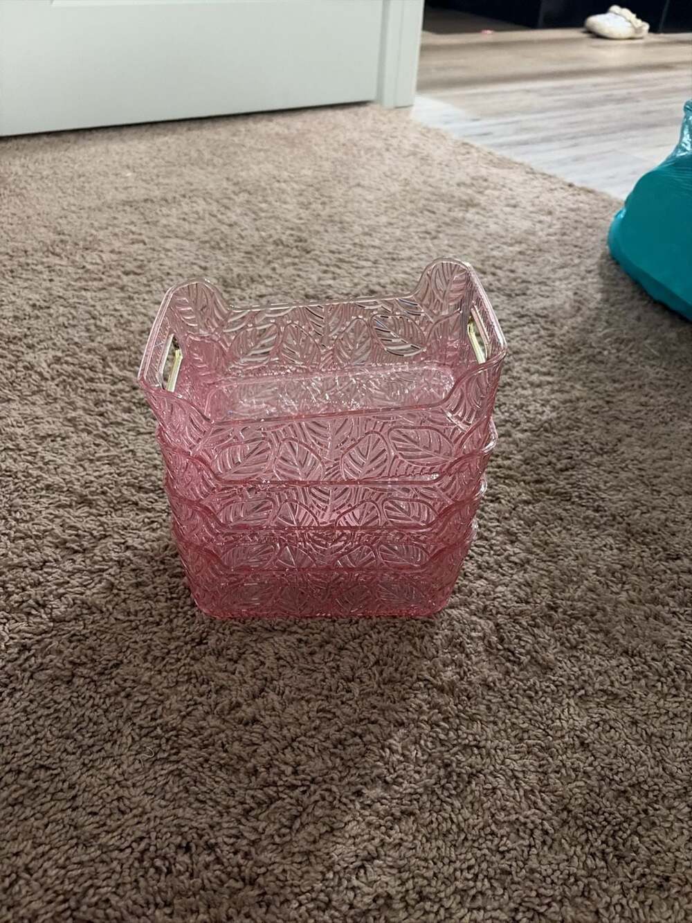 Set of 4 Pink Acrylic Storage Bins with Leaf Pattern and Gold Handles